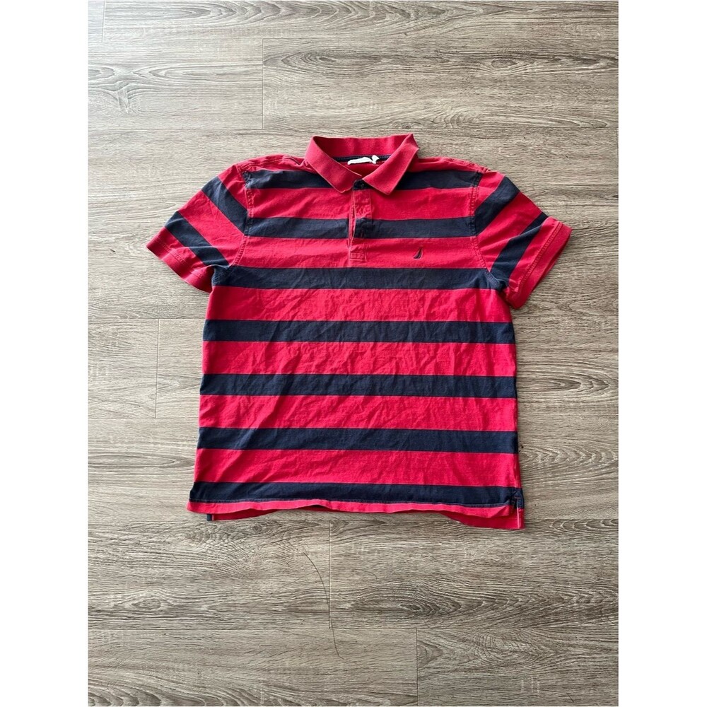 Nautica Polo Shirt Mens XL Red Navy Stripe 100% Cotton Short Sleeve Collared